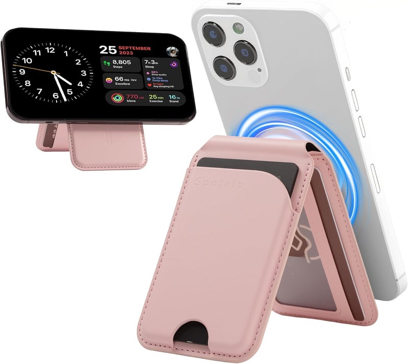 Spotelo Magnetic Wallet for iPhone, Compatible with MagSafe Adjustable Stand Wallet, RIFD Blocking Leather Magnetic Card Holder for iPhone 17/16/15/14/13/12 Series, Not for iPhone 13/12 Mini(Pink) - Image 1